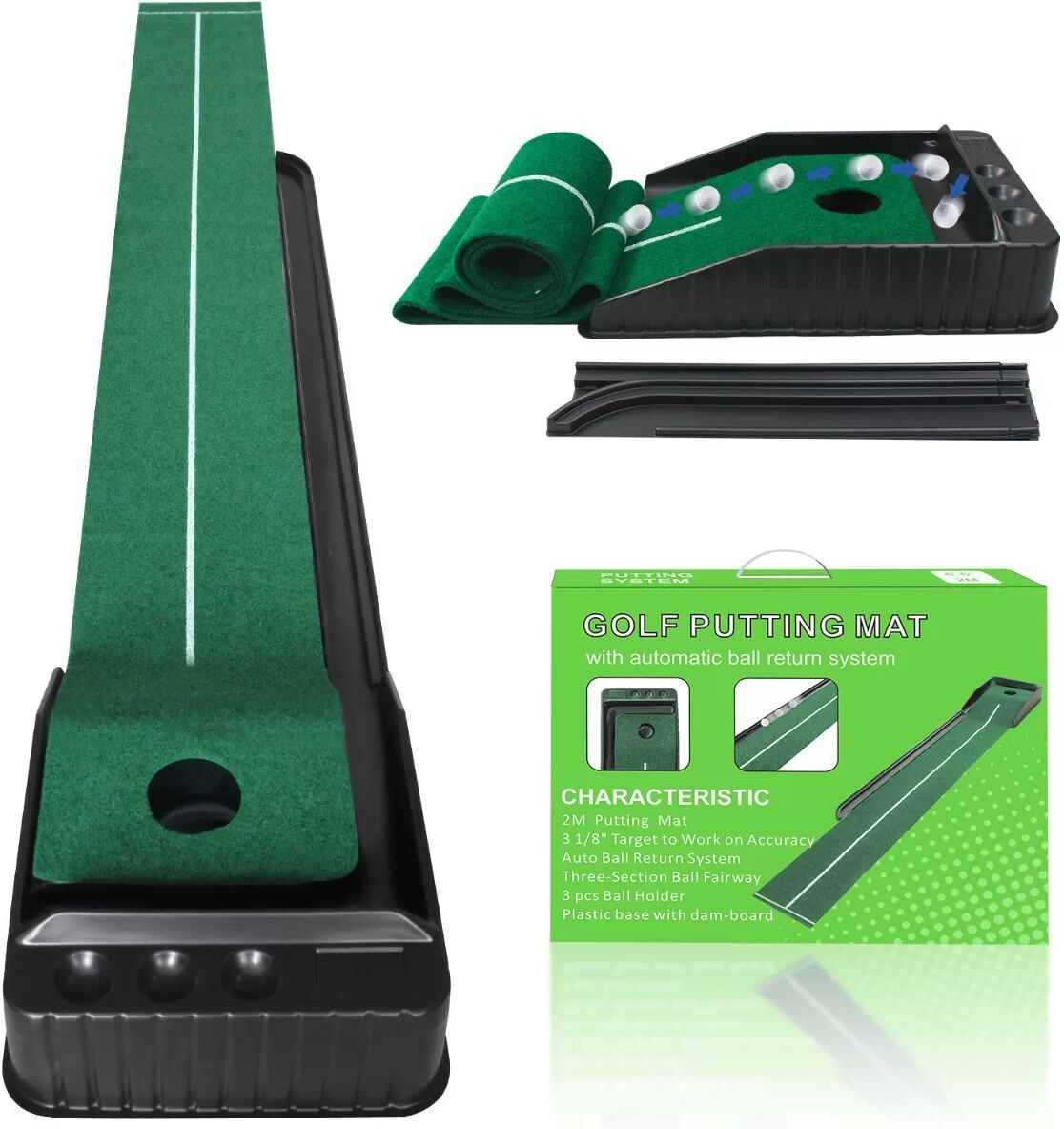 INF 2M Indoor Golf Putting Trainer Matte mit automatischem Ballrückführungssystem