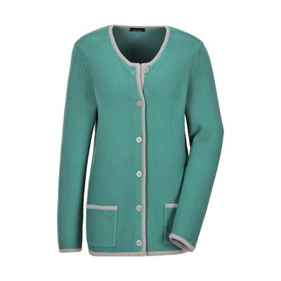 Strickjacke GOLDNER "Elegante Strickjacke mit Taschen", Damen, Gr. 42, grün (salbei, gemustert), Obermaterial: 50% Baumwolle CO. 50% Polyacryl PAN., gerade, Strickjacken Strickjacke, Knöpfe in Perlmutoptik
