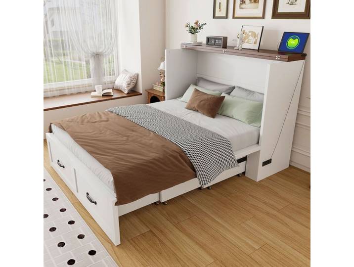 Lit pliant 140 x 200 cm avec sommier escamotable prise intégrée cadre métal blanc