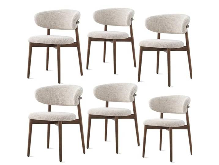 Moderner Esszimmerstuhl aus Massivholz, Stoffpolsterstuhl mit geschwungener Rückenlehne, rutschfestem Fußpolster, ergonomischem Design, geeignet für Küche, Wohnzimmer (6-teiliges Set) Walnut