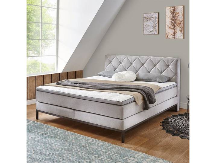 Boxspringbett Arjen Webstoff 180x200 cm Taschenfederkern-Box Härtegrad: H2/H3 Hellgrau modern, mit Partnerbezug
