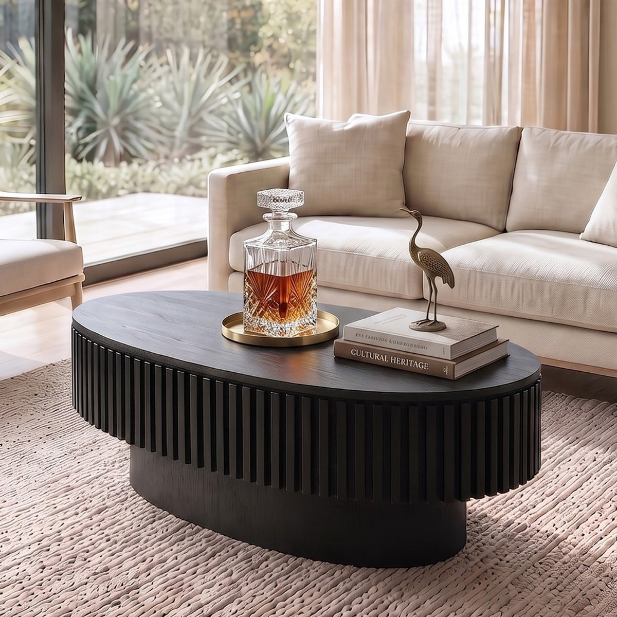 KOMHTOM Ovale geribbelde salontafel met verborgen opbergruimte, massief houten fineer, matzwart, Breedte: 98 cm, Diepte: 60 cm, Hoogte: 35 cm
