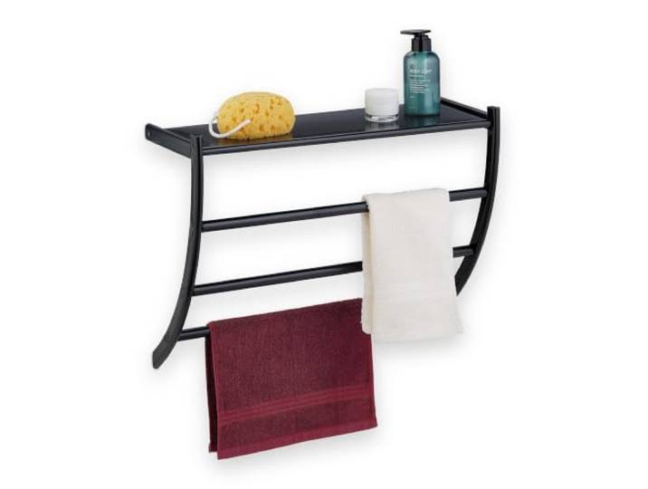 Relaxdays Porte-Serviettes Mural\, HxLxP: 44 x 56\,5 x 23 cm\, Tablette & 3 Barres\, Support Serviettes Salle de Bain\, Noir