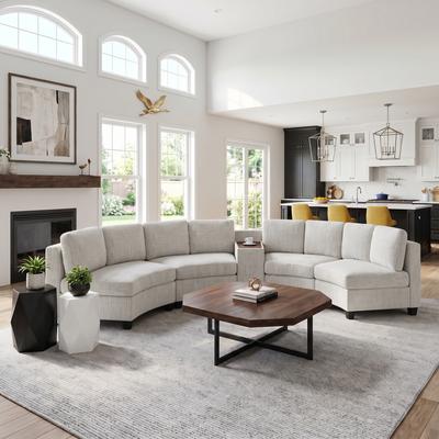 GDFStudio - 4-Seater Curved Modular Chenille Sofa with Storage Console, USB & Wireless Charging