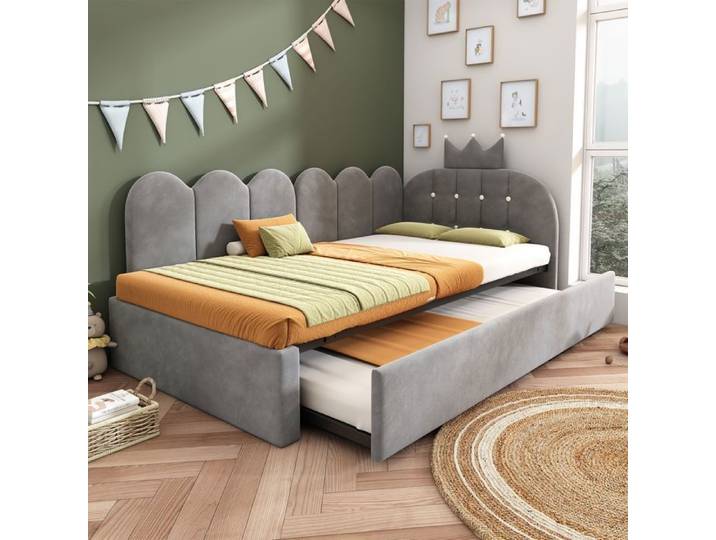 Lit gigogne - GENERIQUE - L-Forme - Velours gris - Lit escamotable 90x190 cm - Couchage 90x200 cm