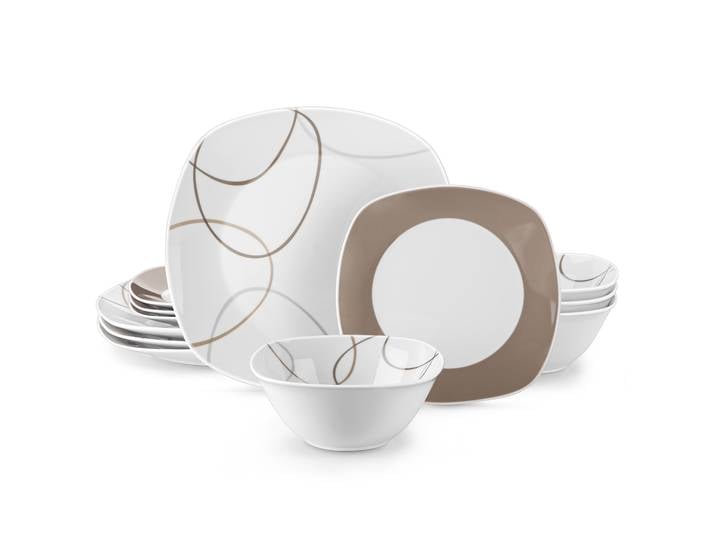 VEWEET-Ensemble de vaisselle en porcelaine blanche avec lignes brunes, ensembles d'assiettes céramiques, dessert, service de bol pour 12/24, 4/8 pièces