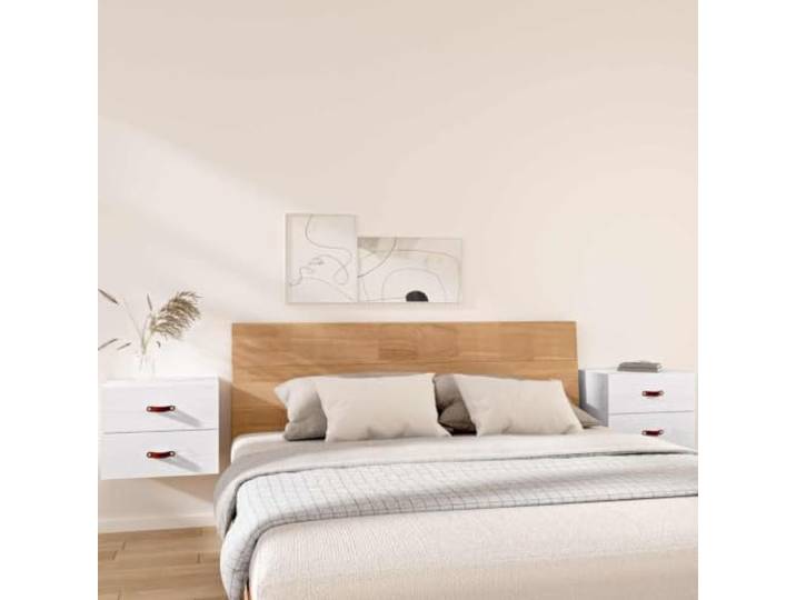 Wand-Nachttisch 2 Stk. Weiß 50x36x40 cm Massives Kiefernholz Schwebend Massives Kiefernholz, Wandmontage ohne Bodenkontakt, 50x36x40 cm, platzsparend, offenes Staufach, natürliche Optik
