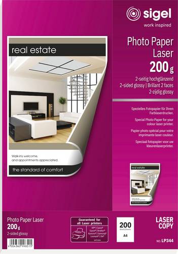 Sigel LP344 Fotopapier DIN A4 200 g/m² 200 Blatt Beide Seiten bedruckbar, Hochglänzend, Optimiert für Laser