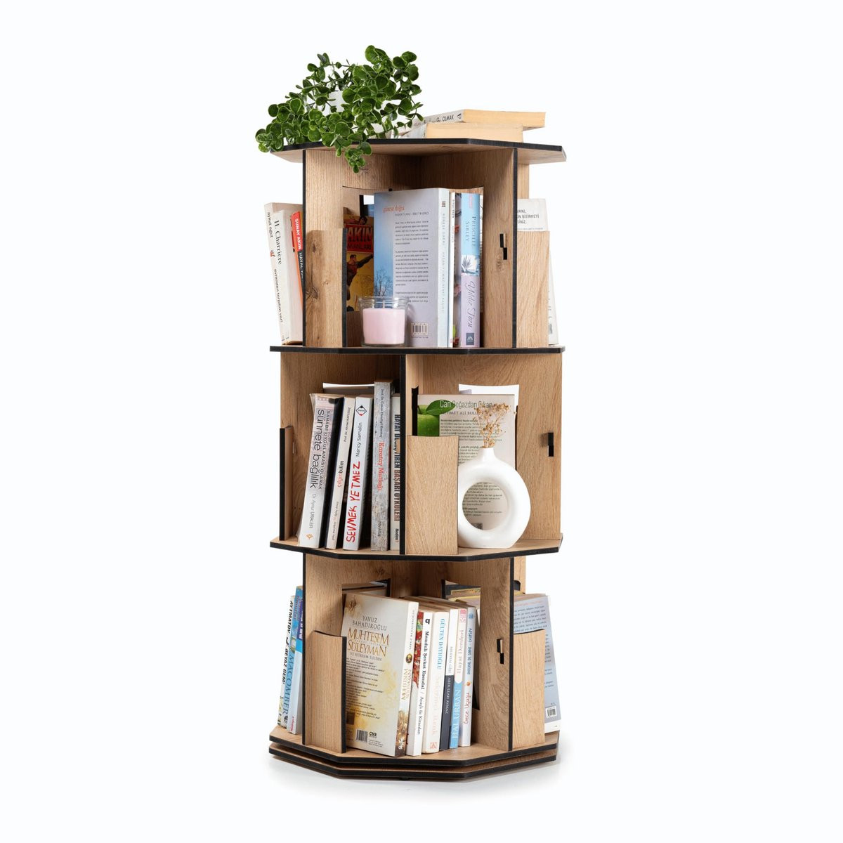 Ibenzoa Draaibare houten boekenkast met drie planken voor kleine ruimtes