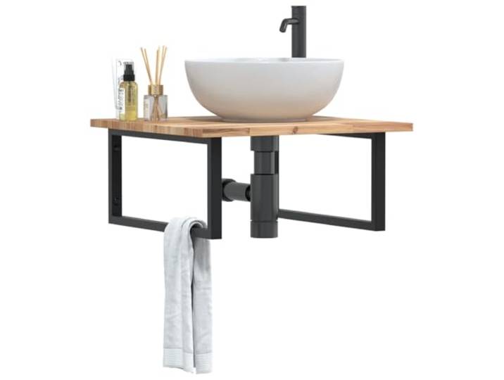 KTHLBRH Waschbeckenregal Wandmontage Stahl Akazienholz Schweberegal Stahlhalterung, massive Akazienholzplatte, rechteckige Form, flexible Positionierung, moderne Optik