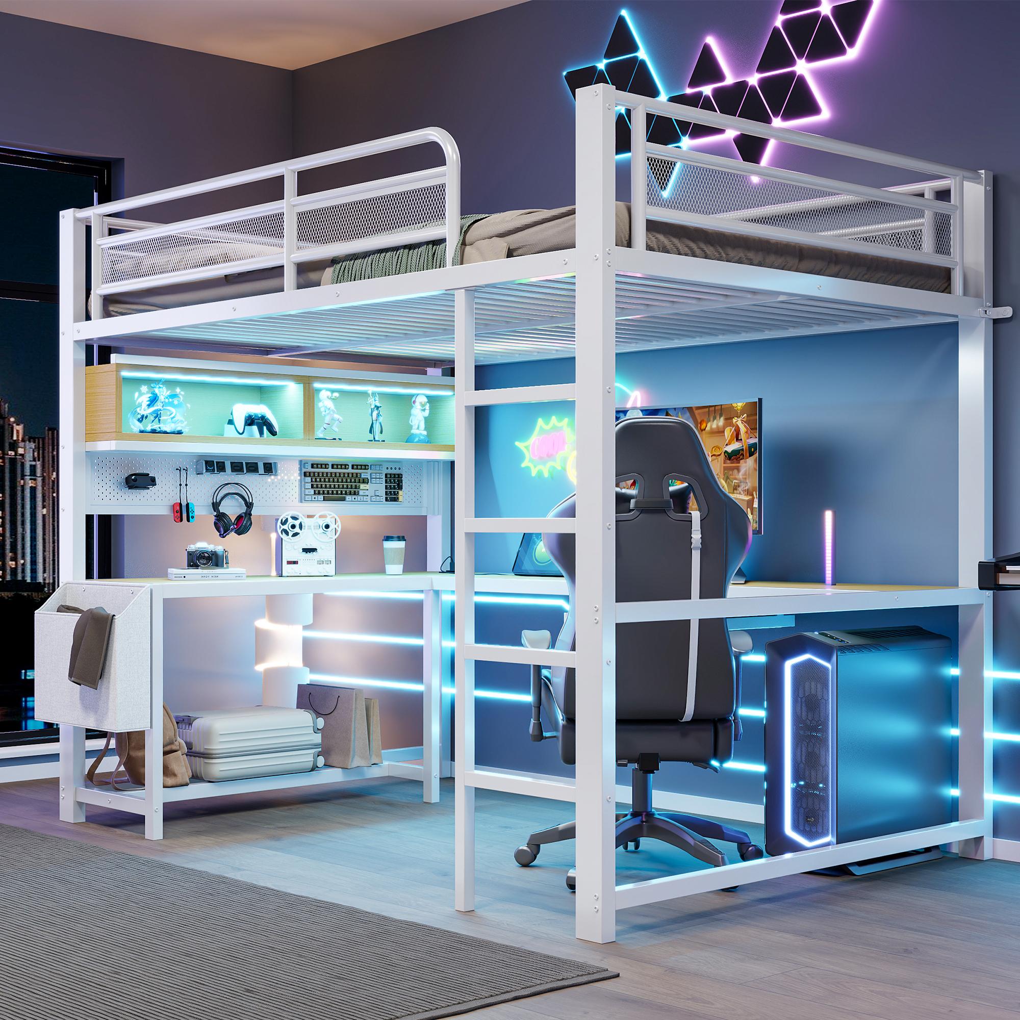 Merax Etagenbett 140x200 cm, Gaming Hochbett mit Schreibtisch, LED-Beleuchtung, USB-Ladestation, Tastaturablage, Metall Kinderbett Jugendbett, Weiß