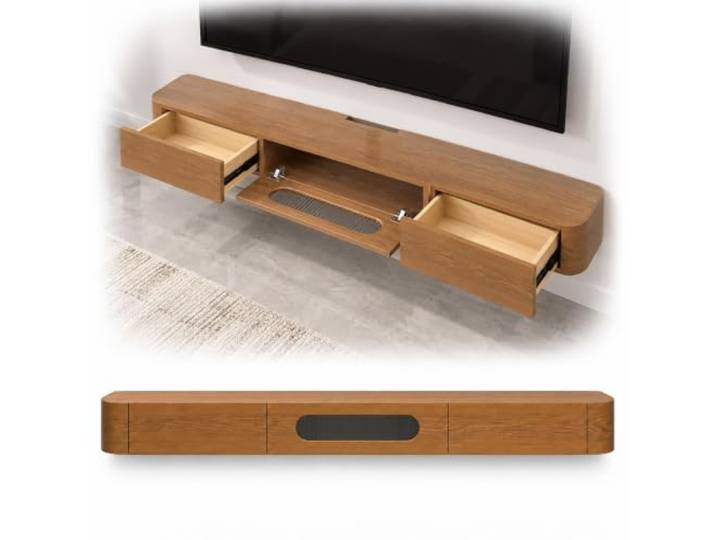 Wandhängendes TV Board, Schwebendes TV Möbel für Wohnzimmer 100 % Massivholz, Kabel und Antennendurchführungen(Brown,120x24x20cm/47x9x8in)