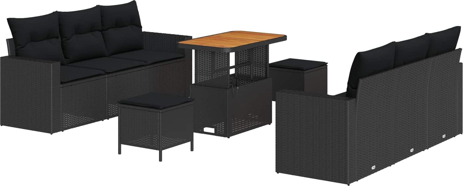 Modulares Garten-Sofa-Set, 9-teilig, für 8 Personen, Poly-Rattan & Akazienholz, höhenverstellbarer Tisch, UV-beständig, Schwarz