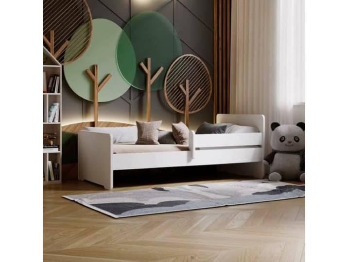 Dmora - Kinderbett Siedlce, Kinderbett für Schlafzimmer, Einzelbett mit Kommoden, Struktur mit ausziehbarem Bett, 85x164 h63 cm, Weiß