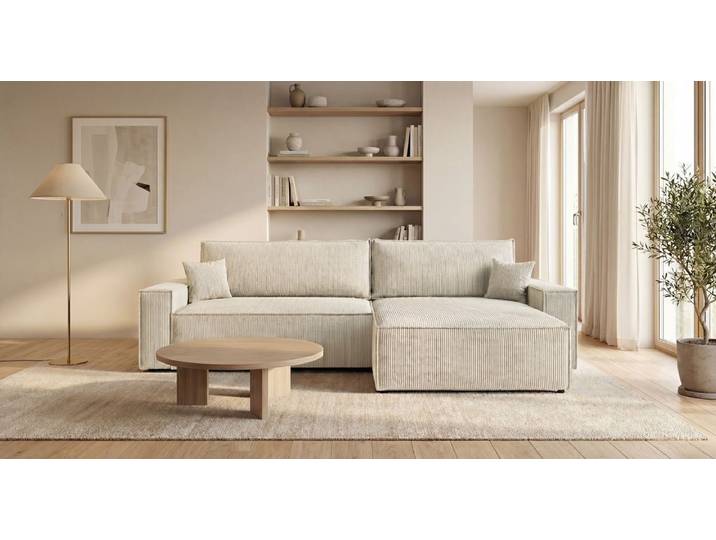Designer Ecksofa Vienna mit Schlaf- und Klappfunktion in Cord - Cord - Beige - Rechts - Luxusbetten24