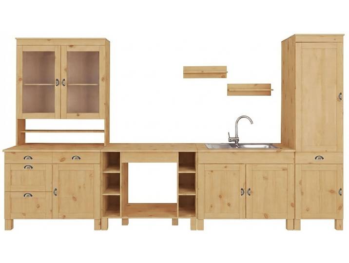 Küchenzeile HOME AFFAIRE Oslo , beige (küche: natur, korpus: natur gebeizt, gewachst, arbeitsplatte: natur gebeizt, gewachst), B:350cm T:50cm, Komplettküchen-Sets, Küchenzeile, Breite 350 cm, in 2 Tiefen, ohne E-Geräte