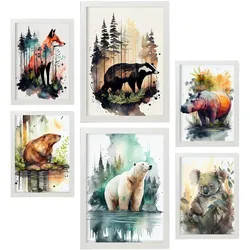 POSTER Set Mit 6 Unabhängige Kreaturen Illustrationen Von Tieren In Naturlandschaften, Realistischer Aquarellstil A3 & A4 Weißer Rahmen