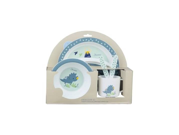Sterntaler Geschirrset Dino Rexi - Baby und Kinder Geschirr mit rutschfestem Sockel an Teller, Tasse und Becher - robustes Baby und Kindergeschirr aus lebensmittelechtem Material, blau