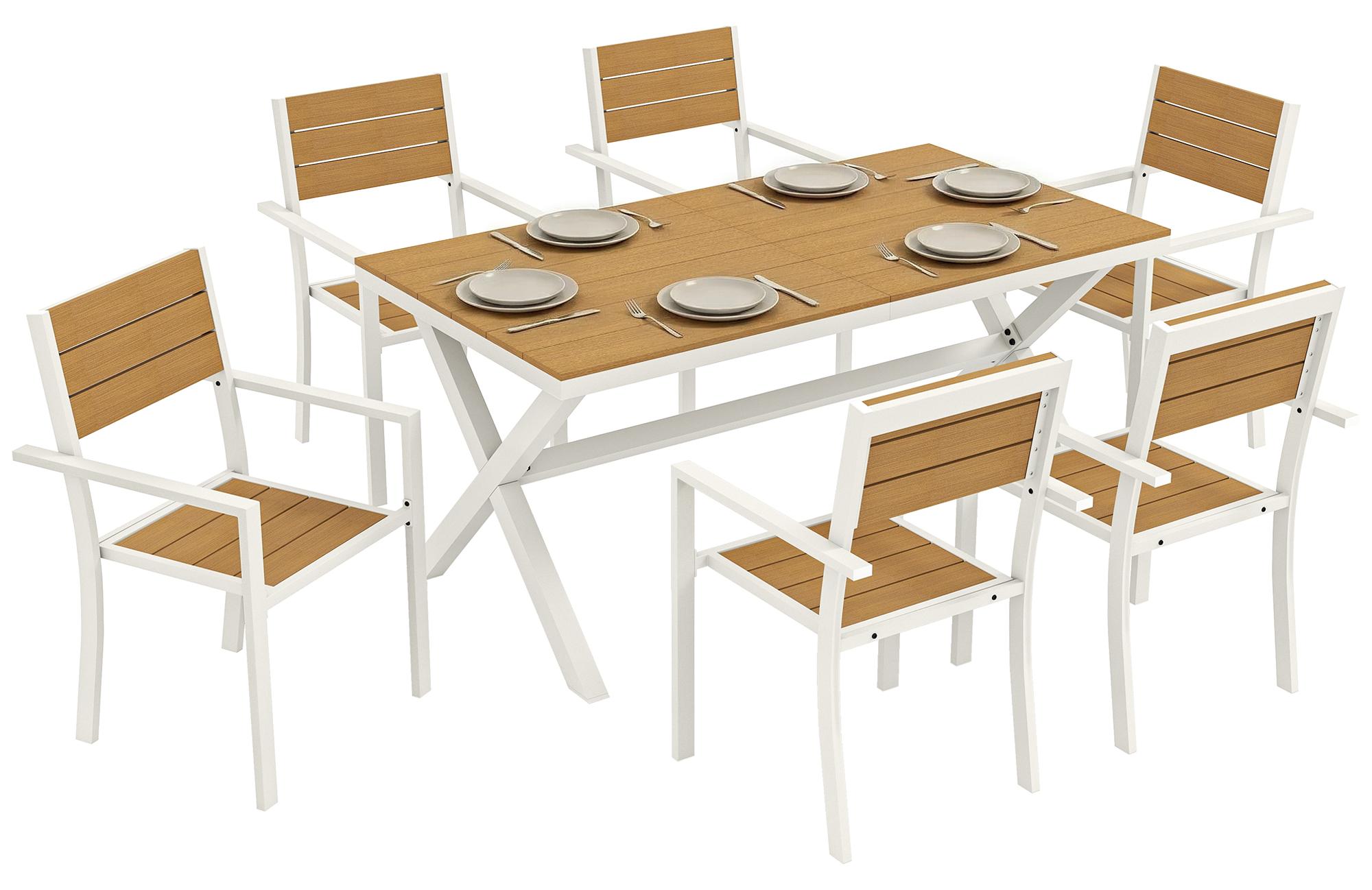 Gartenmöbel Set Sitzgruppe 7-teilig Tisch mit 6 stapelbare Stühlen Holzoptik Aluminiumrahmen Teak