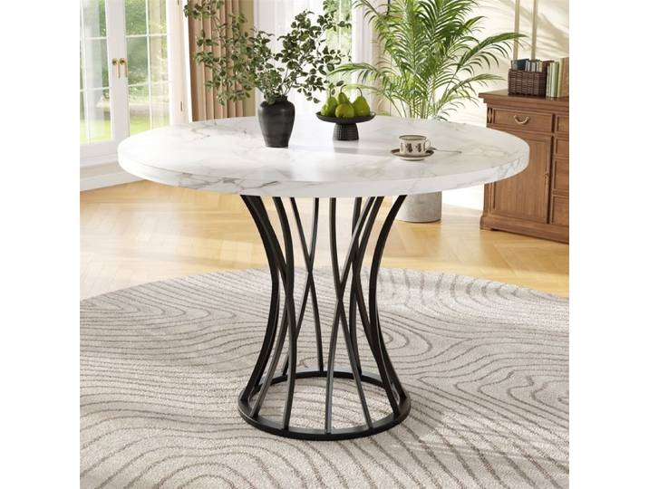 Table ronde 80 cm légère et luxueuse - Plateau MDF effet marbre pieds noirs - Pour salle à manger et salon