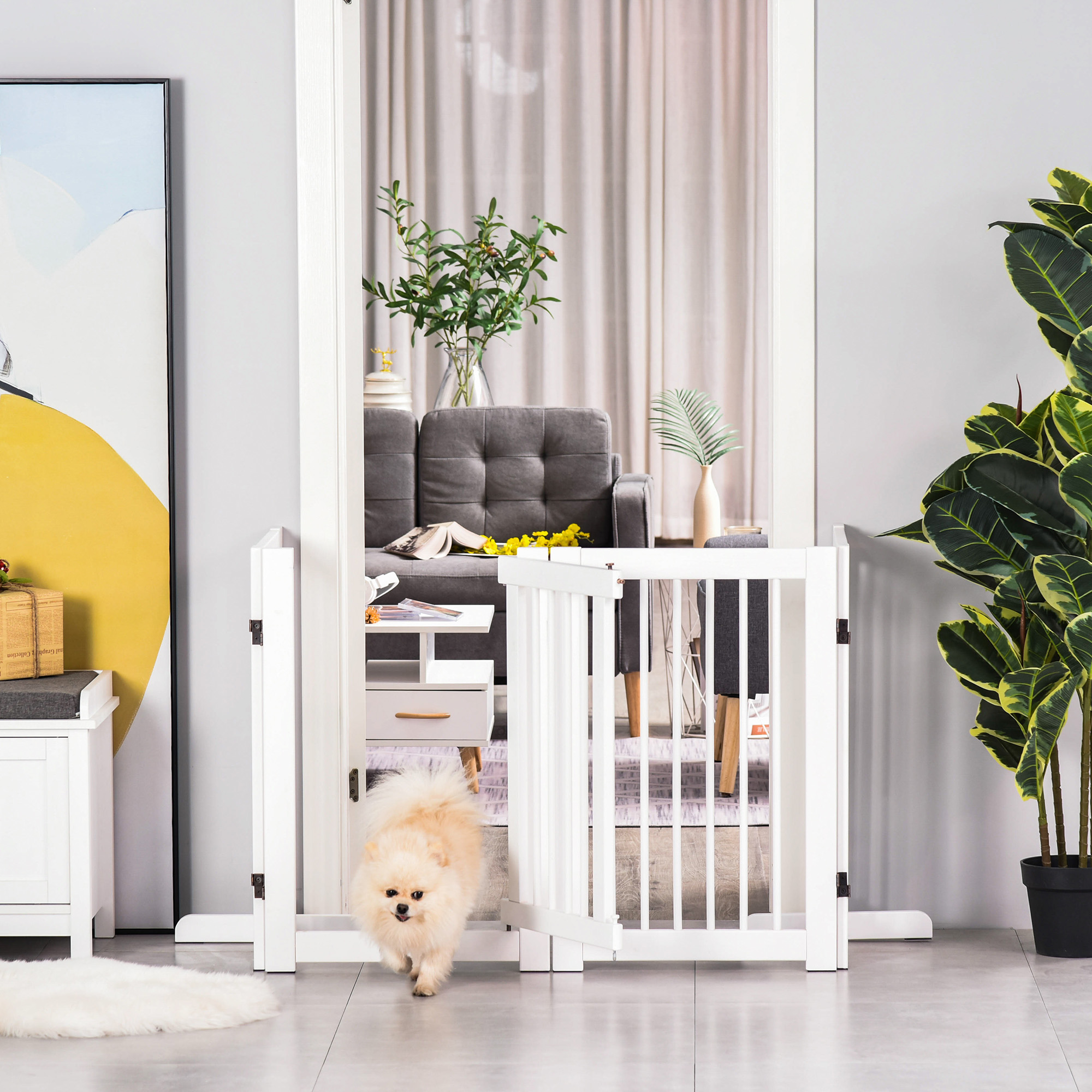 Pawhut Recinzione per Cani 4 Pannelli, 204 x 75 cm Recinzione Pieghevole con Porta, Recinzione per Cani Autoportante con 2 Piedi di Supporto, Recinzione per Scale in Legno per Ingresso, Cucina, Scala, Bianco