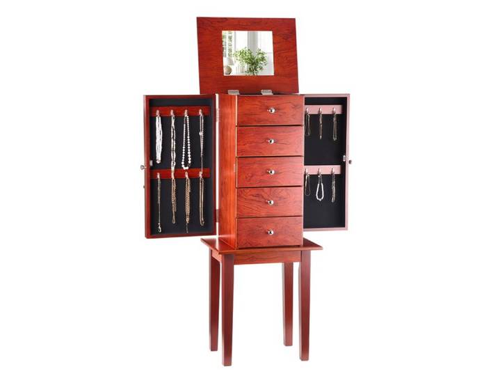 Armoire à Bijoux sur Pied en Bois-VEVOR-Coffre Rangement à Bijoux avec 4 Tiroirs Miroir Rabattable 2 Portes Latérales