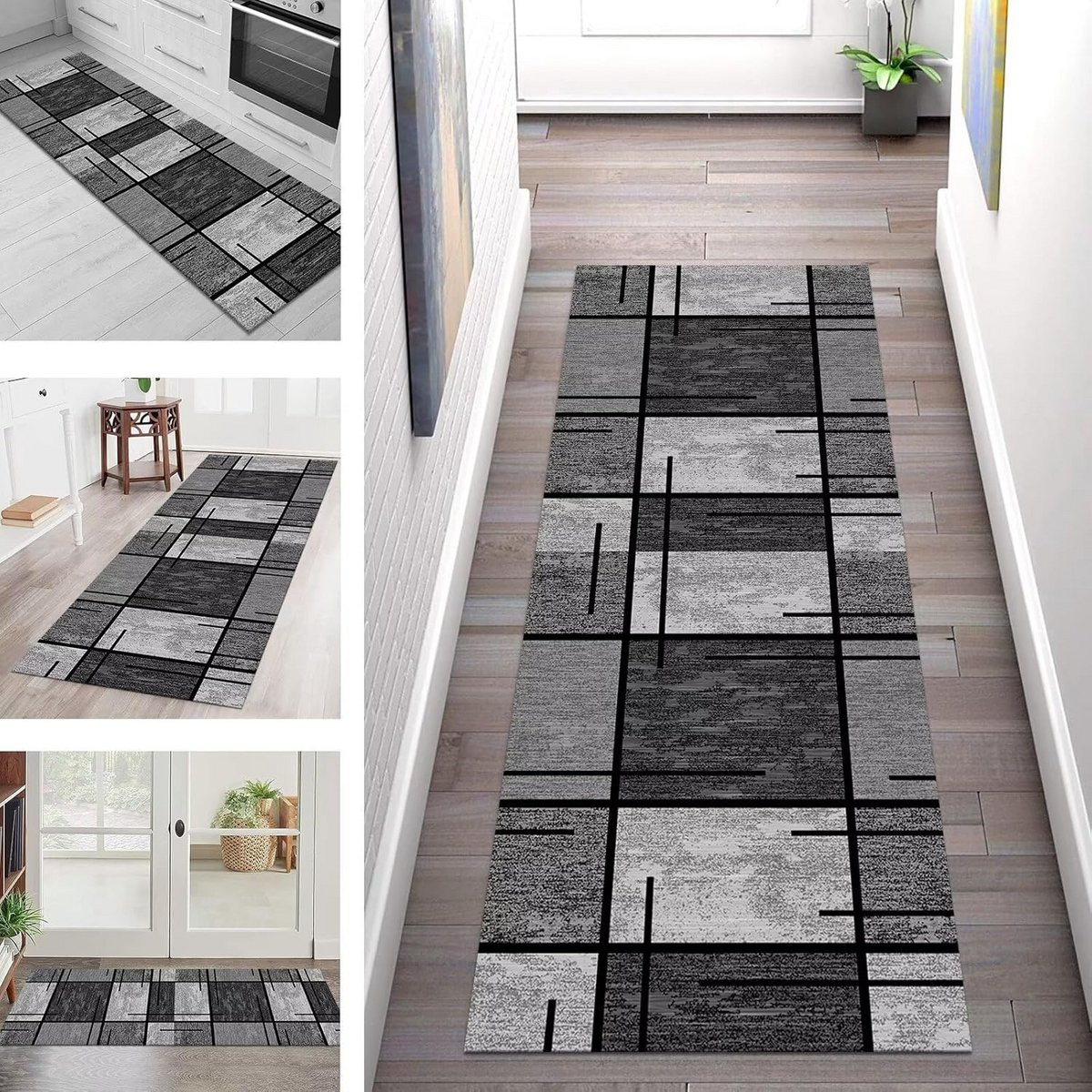 Wasbaar Antislip Vloerkleed Loper voor Hal, Keuken en Woonkamer - Grijs Zwart