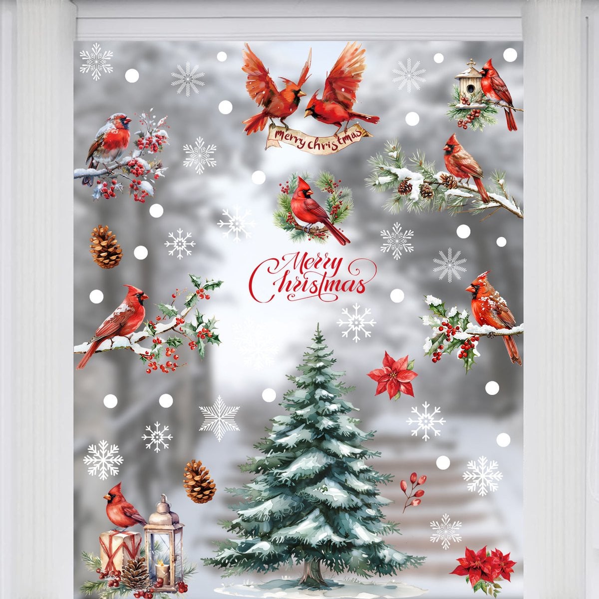 Set van 9 herbruikbare kerststickers voor raamdecoratie met rode vinken, kransen en sneeuwvlokken
