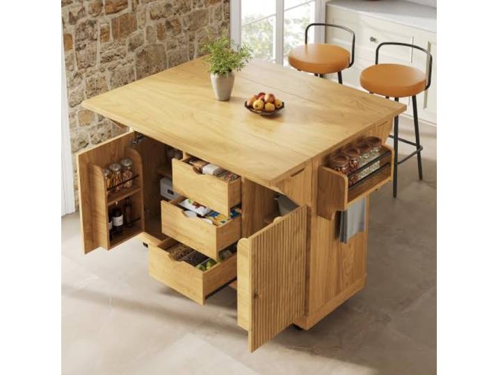 Kücheninsel Freistehend，Küchenwagen mit Rollen，Mobiler Küchenschrank，MDF Servierwagen mit ausklappbaren Tischverlängerungen，Ergonomische Höhe，Küchenwagen mit 3 Schubladen，Küchentisch & Arbeitsplatte