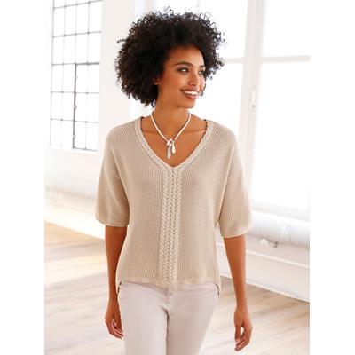 V-Ausschnitt-Pullover HEINE "Pullover", Damen, Gr. 48, beige (elfenbeinfarben), 100% Baumwolle, unifarben, Pullover