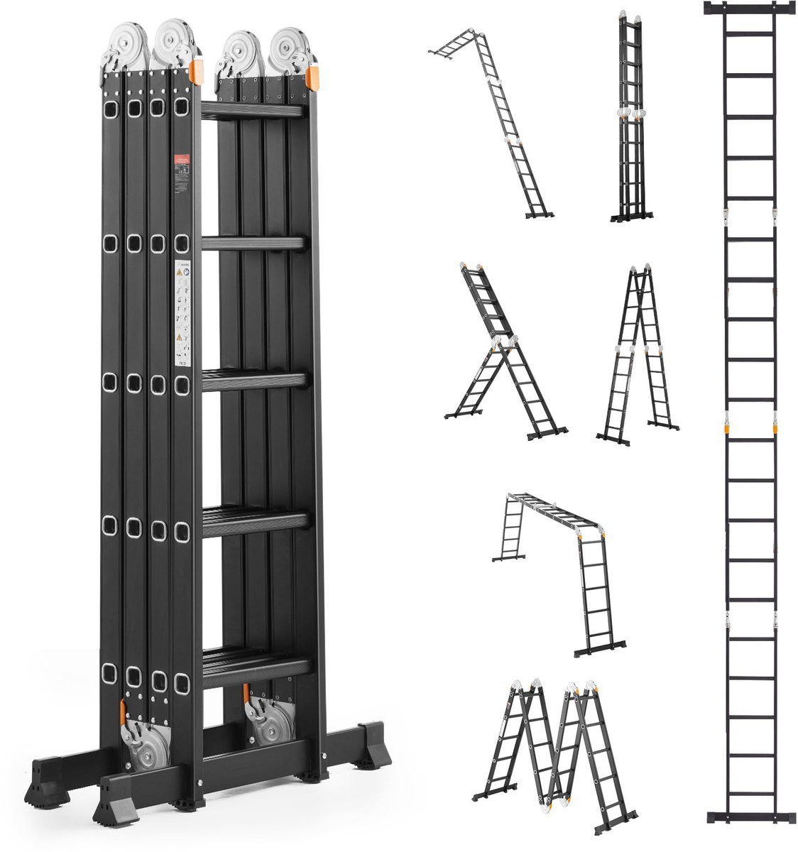 Multifunctionele 7-in-1 uitschuifladder van aluminium, 6,8 m hoog, zwart, draagvermogen 150 kg