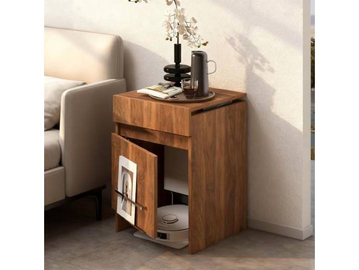 71.5cm Versteckter Staubsauger-Schrank Mit Türen Und Schubladen Klemmschutzdesign Aufbewahrungsschrank Für Saugroboter Einfaches Wasserwechseln Beistelltisch Für Wohnzimmer Küche Schlafzimmer(Walnut)