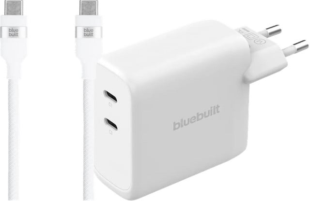BlueBuilt 100W GaN Oplader met 2 USB-C poorten en USB-C kabel 240W 2m Nylon - Wit