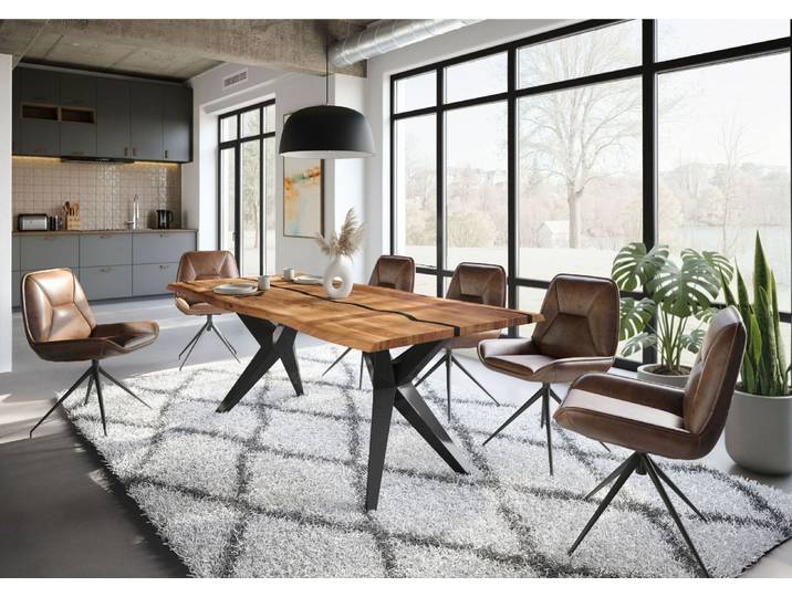 Table à manger en bois d'acacia 220x100x76 naturel laqué / Epoxy noir, pieds en étoile anthracite brillant EPOXY