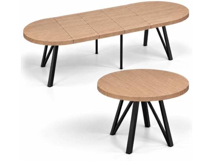Esstisch rund ausziehbar 100–300 cm, Hellbraun Hikora, Industrial Schwarz 54 mm starke Tischplatte in Eiche Hikora, Schwarze Metallbeine, Runder Tisch, Moderner Wohnzimmertisch und Küchentisch