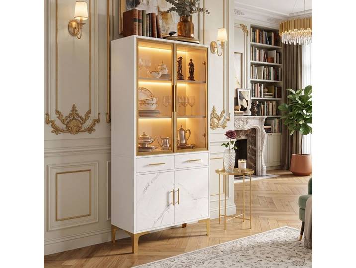Vitrine Haute 75x38x170 cm Grand Rangement Gain de Place Design Soigné Effet Marbre LED Connectée APP 2 Tiroirs