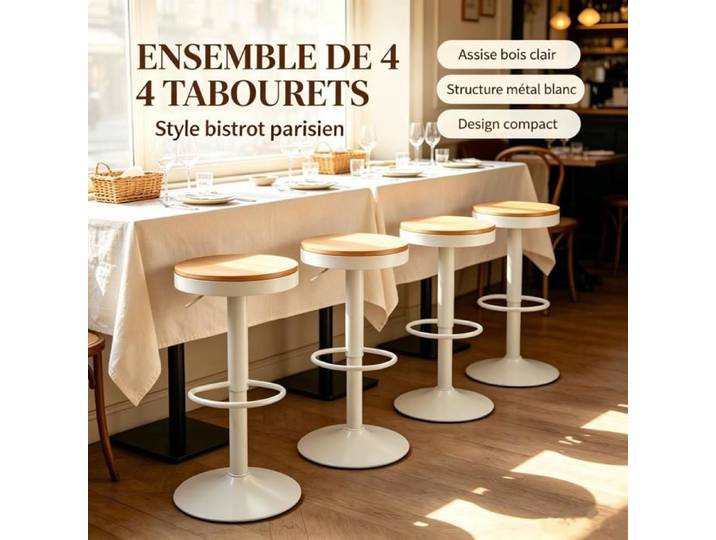 PIPIPOXER Lot de 4 Tabourets de Bar Tabouret Réglable Pivotant 360° Ensemble de Sièges pour Îlot de Cuisine et Maison Moderne