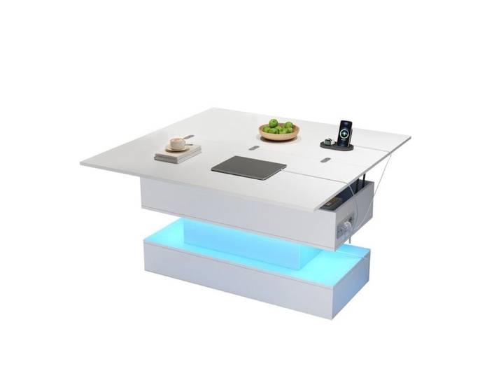 Table Basse Relevable 100x50x51.5cm Blanc Prises USB/UC Éclairage LED Rangement Intégré Multifonctionnelle