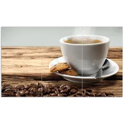 Wallario Herdabdeckplatte 80 x 52 cm (BxH), 2-teilig Heiße Tasse Kaffee mit Kaffeebohnen