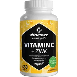 Vitamin C 1000 mg Hochdosiert + Zink Vegan 360 ST