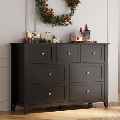 Garvee 7 Drawer Dresser, Modern Wood Chest with Gold Handles, Large Storage, Black