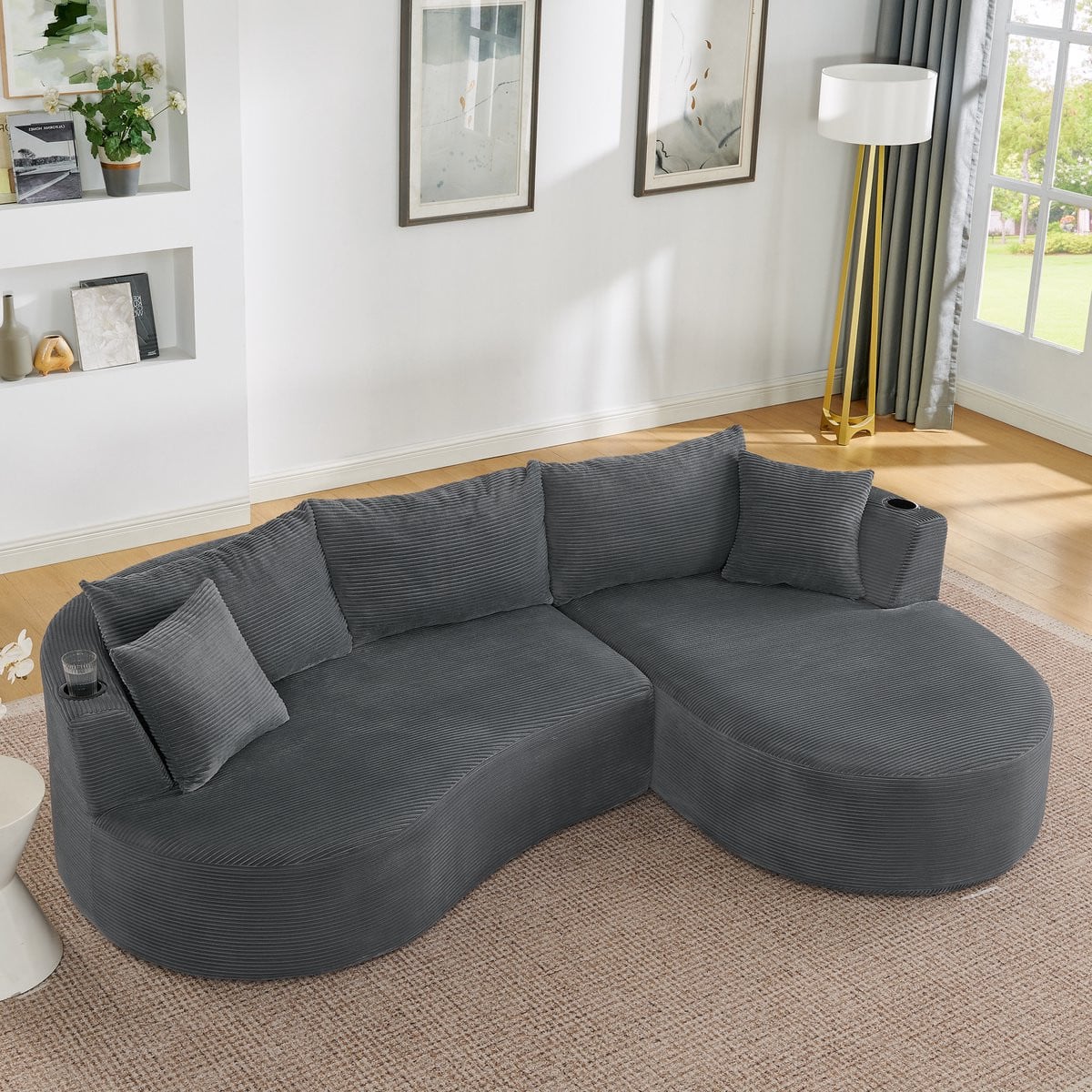 HAUSS SPOLE Hoekbank - 3-Zits Moderne Sofa met Gebogen Design, Bekerhouders en Kussens - Grijs