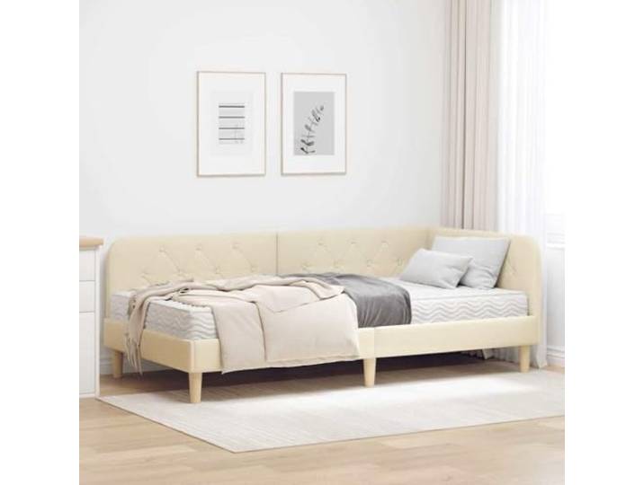 RJPLMFV Eckbettgestell, cremefarben, 90 x 190 cm, Stoff Mit Schaumstoffmatratze, starren Latten, atmungsaktivem Polyester, L-Design, platzsparend