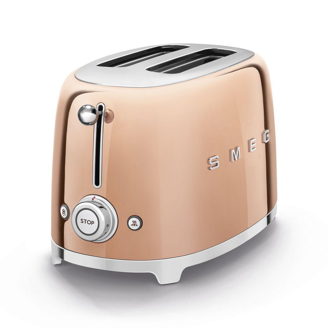 SMEG Edelstahl Toaster 2 Scheiben 6 Modi, Hochglanz, Auftaufunkton, 2 kurze Schlitze, für 2 Scheiben, 950,00 W, Auftauen, Rösten, Stopp - Rose Gold