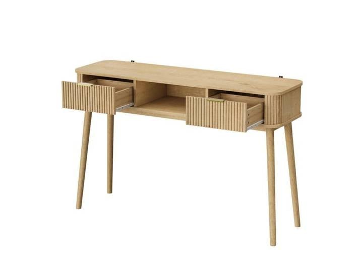 Console meuble d'entrée 120 cm style vintage Mid-Century aspect chêne 2 tiroirs et niche ouverte JOINERY