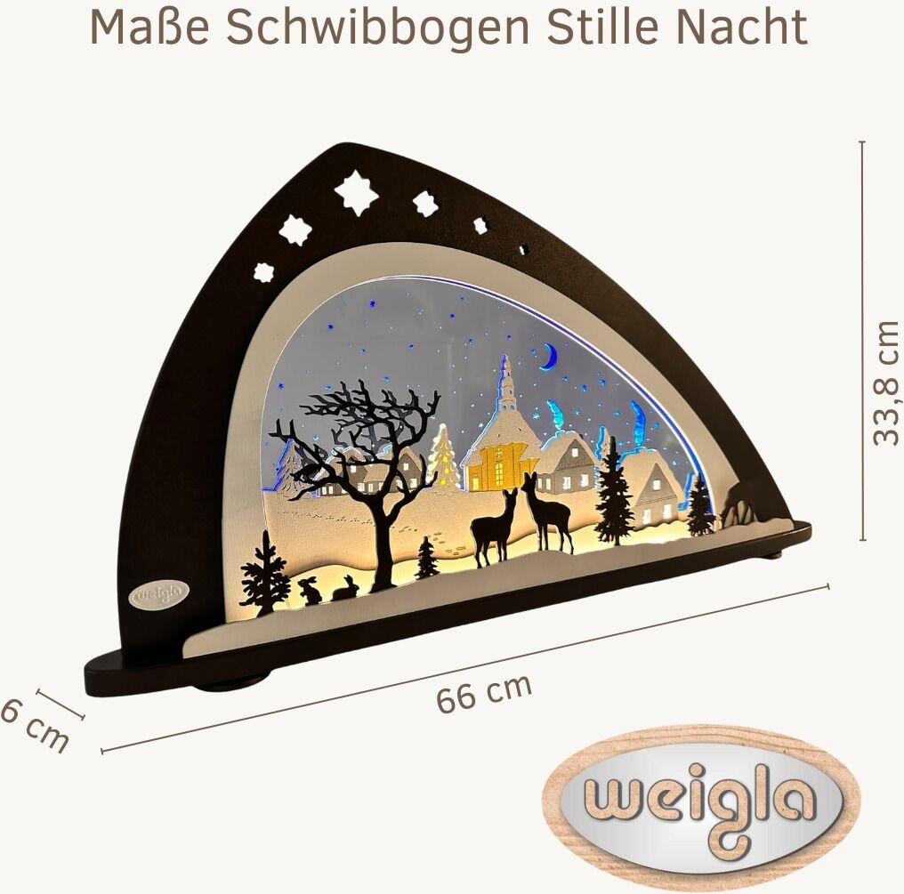LED Schwibbogen WEIGLA "Stille Nacht", braun, blau, B:66cm H:33,8cm T:6cm, Holzwerkstoff, Plexiglas, Schwibbögen, Erzgebirge garantiert, aus Buchenholz & Acrylglas