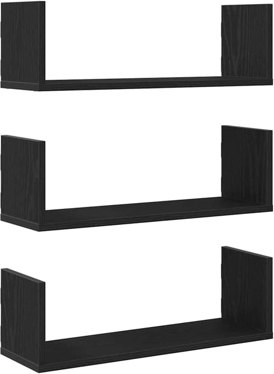 Set van 3 Wandplanken Zwart Eikenhout Gesneden Hout