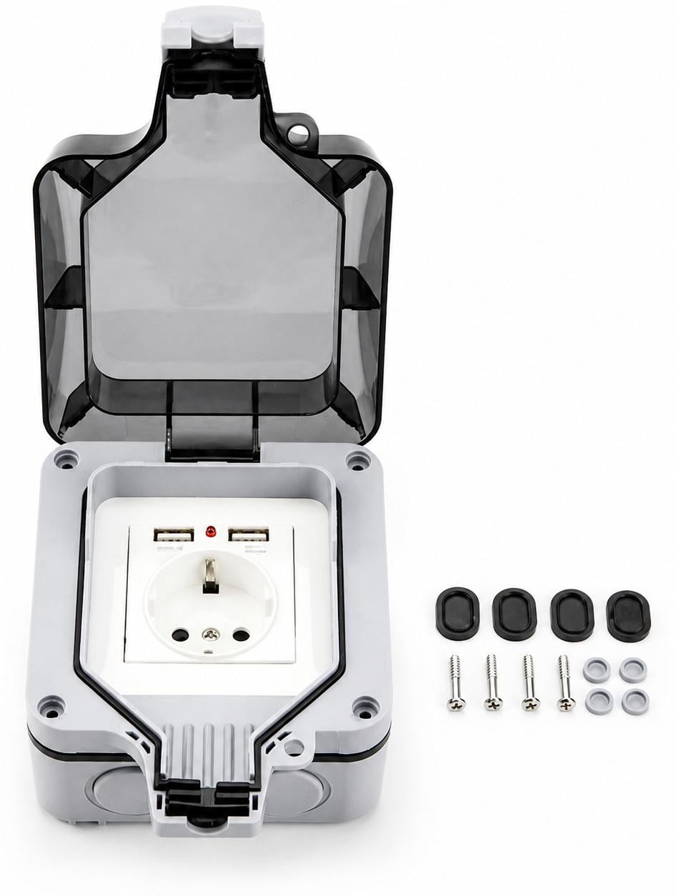 INF Waterdichte wandcontactdoos met deksel en 2 USB-poorten, Grijs