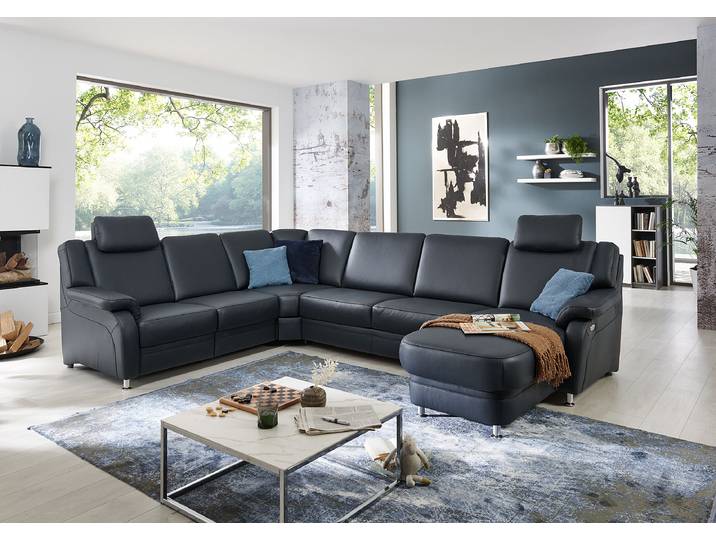 Wohnlandschaft Samento Blau Echtleder Tomma 336 x 91 x 239cm Ottomane davorstehend rechts Kopfstütze verstellbar/Schlaffunktion/Relaxfunktion