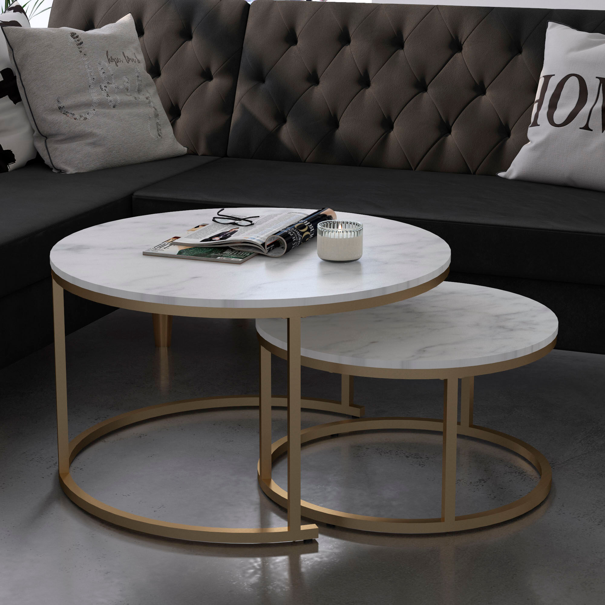 Couchtisch OTTO HOME "Amelia", weiß (marmorfarben, bronze, bronzefarben, marmorfarben), B:80cm H:45,7cm T:80cm, Tische, Couchtisch, 2 tlg., Tischplatte MDF Keramik-Optik, bronzefarbenes Metallgestell